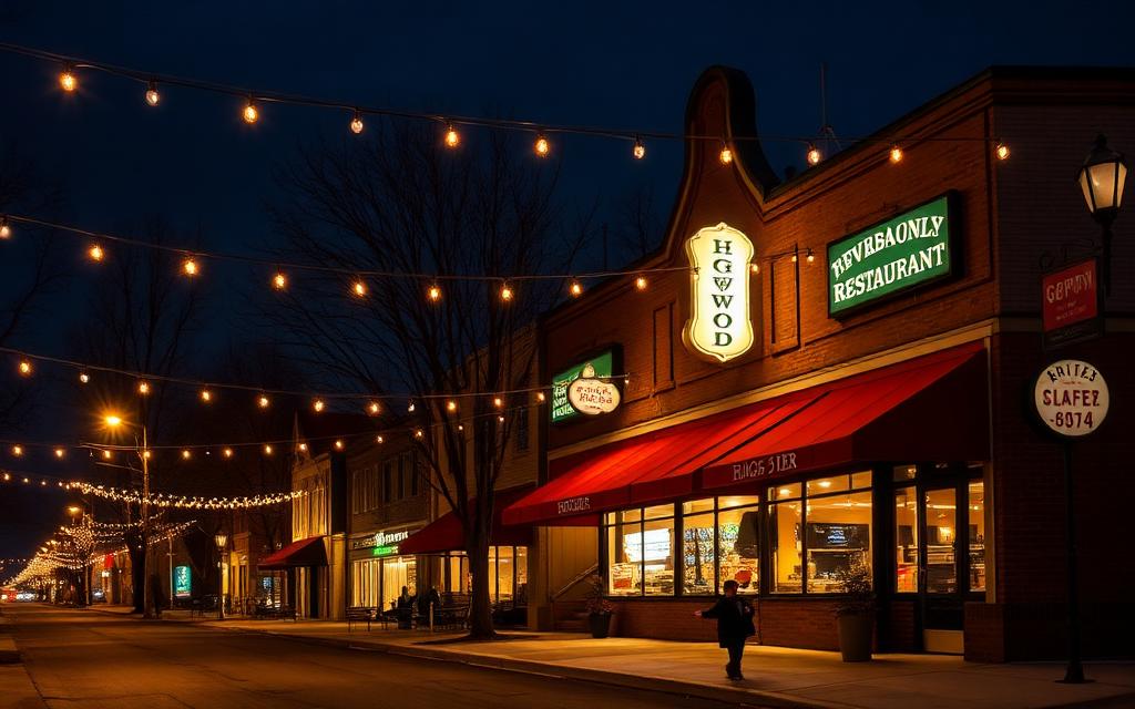 Highwood, Lake County at night — Downtown Highwood Restaurant Row