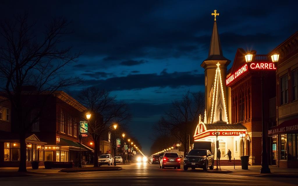 Melrose Park, Cook County at night — Our Lady of Mount Carmel Shrine